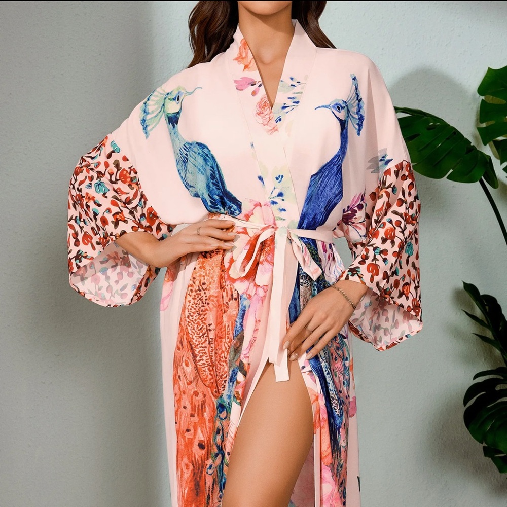 Vibrant Peacock and Floral Kimono - Picture 3 of 6